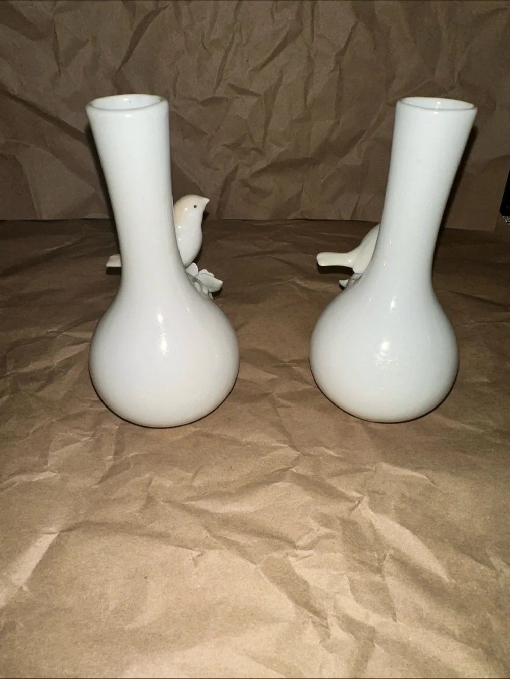 1985 Porcelain Bird Bud Vases in White - Set of 2 made in Taiwan